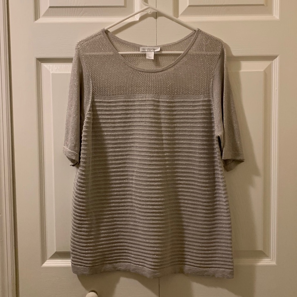 EUC Christopher & Banks Grey Metallic short sleeve blouse Sz L